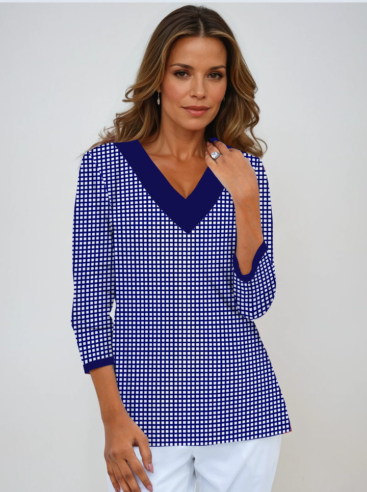 Check Print Cotton Knit 3/4 Sleeve V-Neck Top
