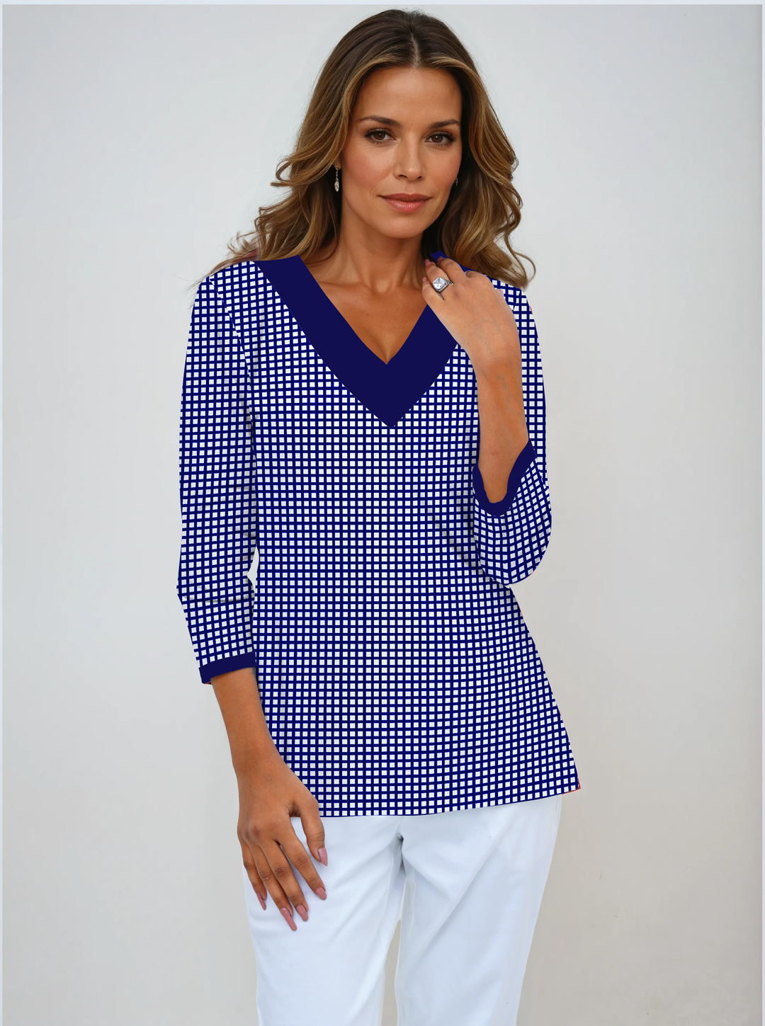 Check Print Cotton Knit 3/4 Sleeve V-Neck Top