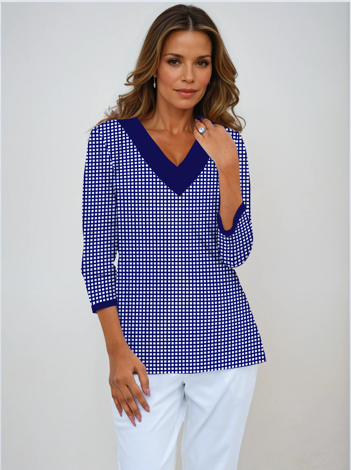 Check Print Cotton Knit 3/4 Sleeve V-Neck Top