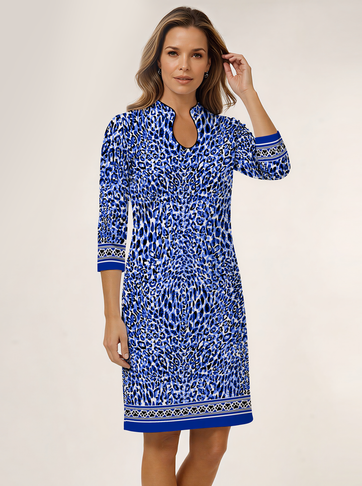 Cat Country Print Cotton Knit 3/4 Slit Sleeve Horseshoe Neck Dress (Slim Fit)