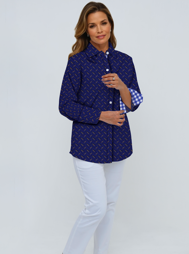 Super Soft Woven 3/4 Sleeve Shirt With Contrast Trim Cuffs &amp; Collar