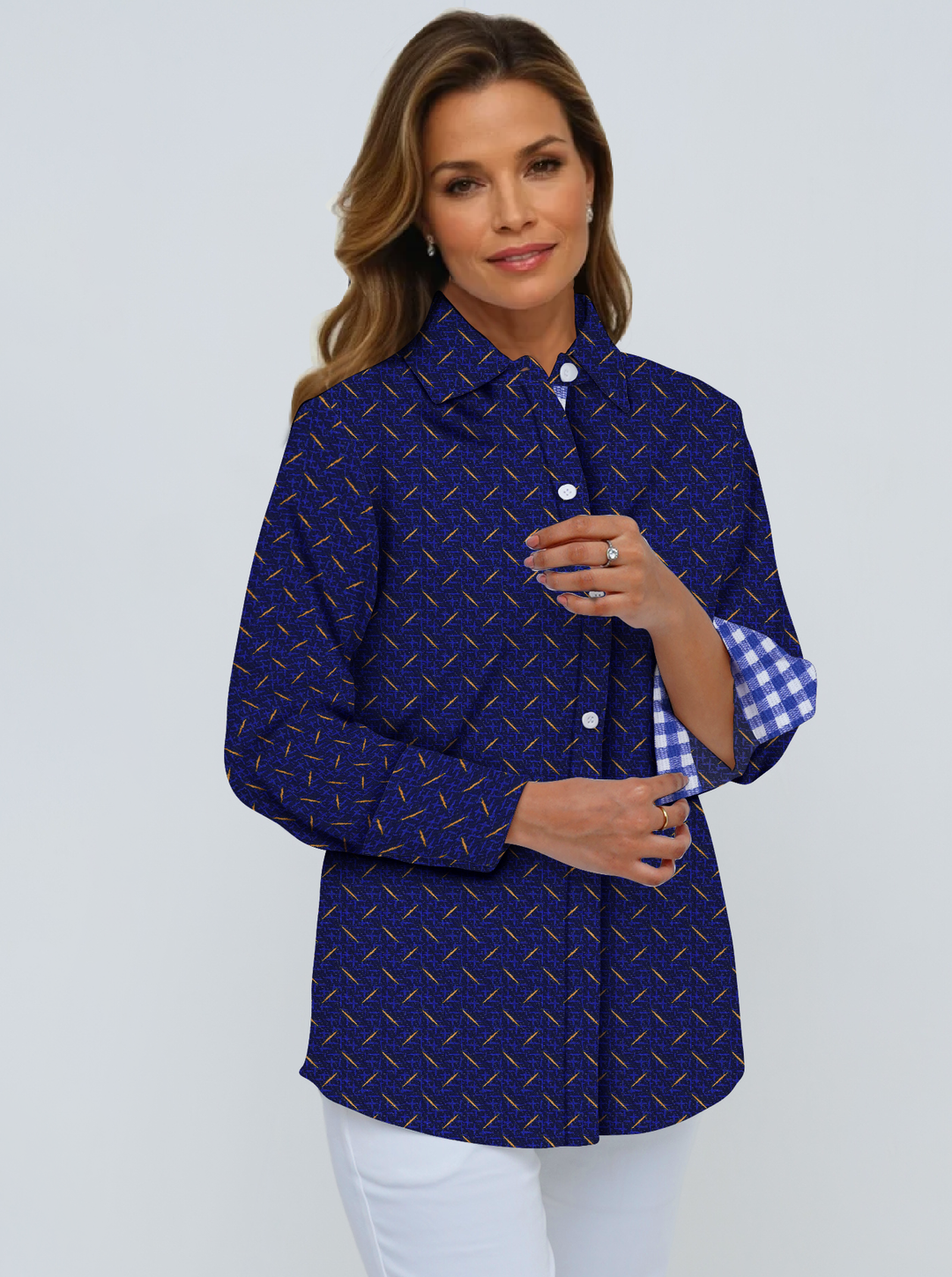 Super Soft Woven 3/4 Sleeve Shirt With Contrast Trim Cuffs &amp; Collar