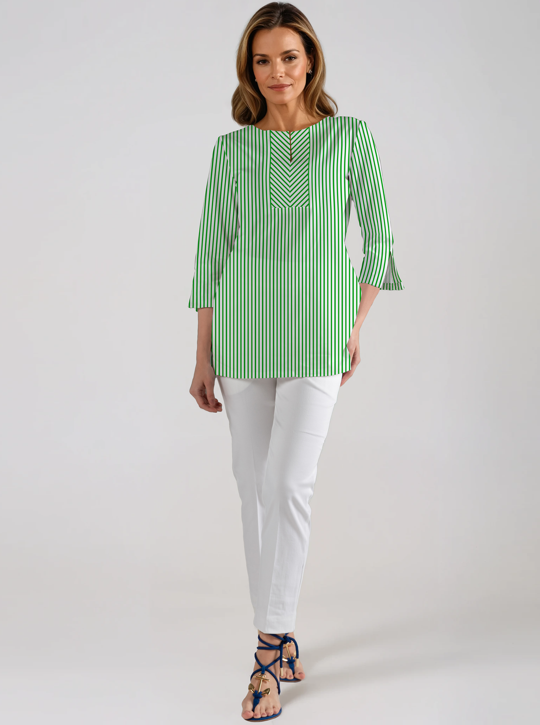 Vertical Stripe Print Cotton Knit 3/4 Sleeve Slit Neck Tunic