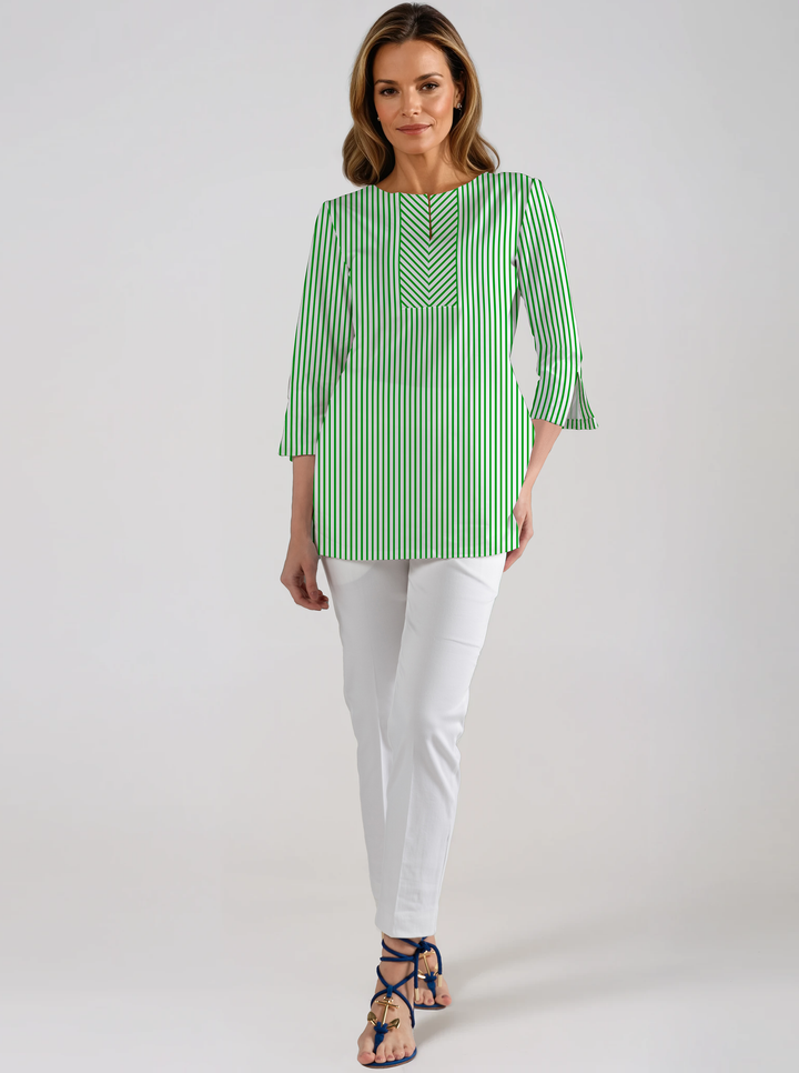 Vertical Stripe Print Cotton Knit 3/4 Sleeve Slit Neck Tunic