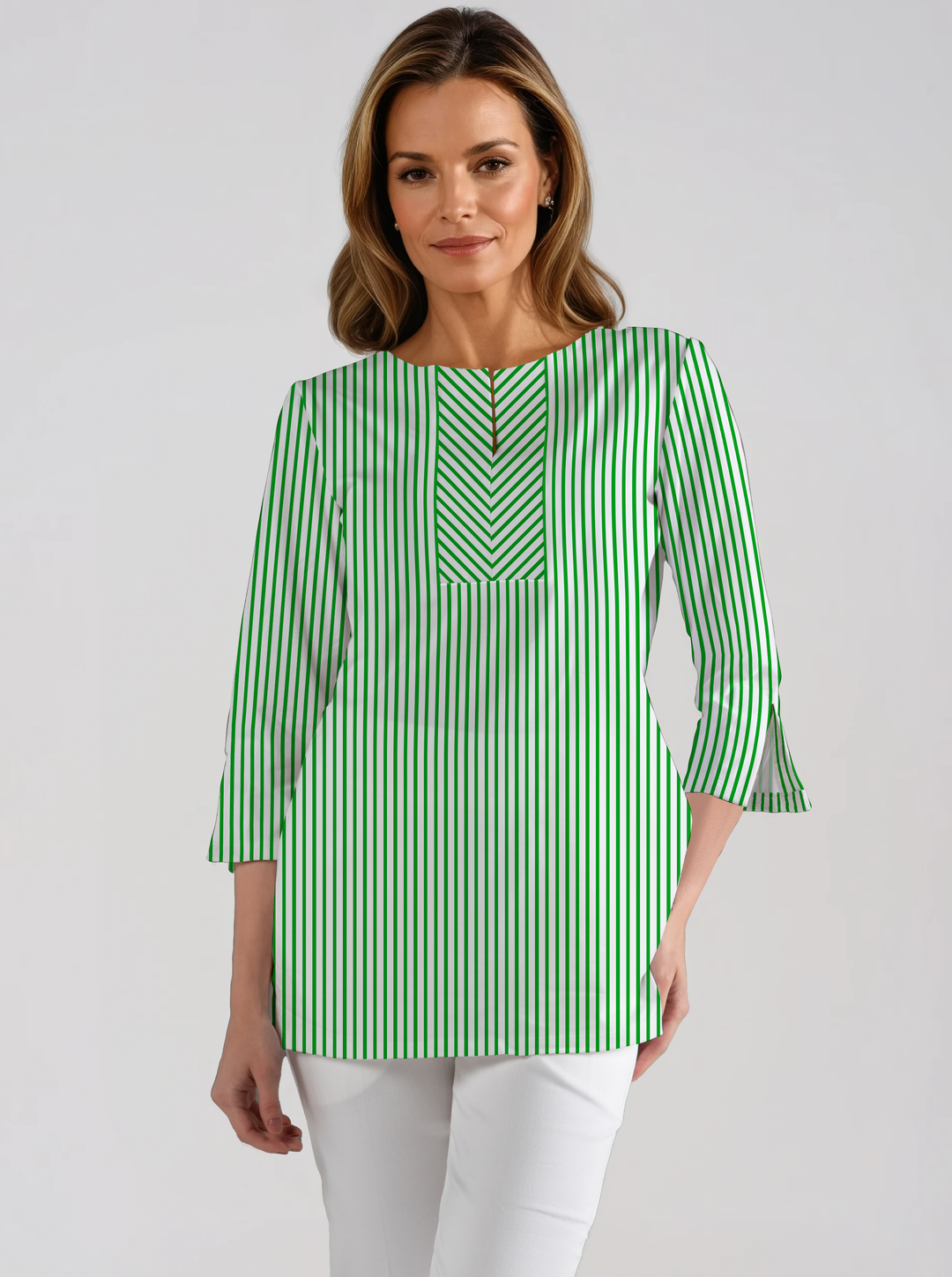 Vertical Stripe Print Cotton Knit 3/4 Sleeve Slit Neck Tunic