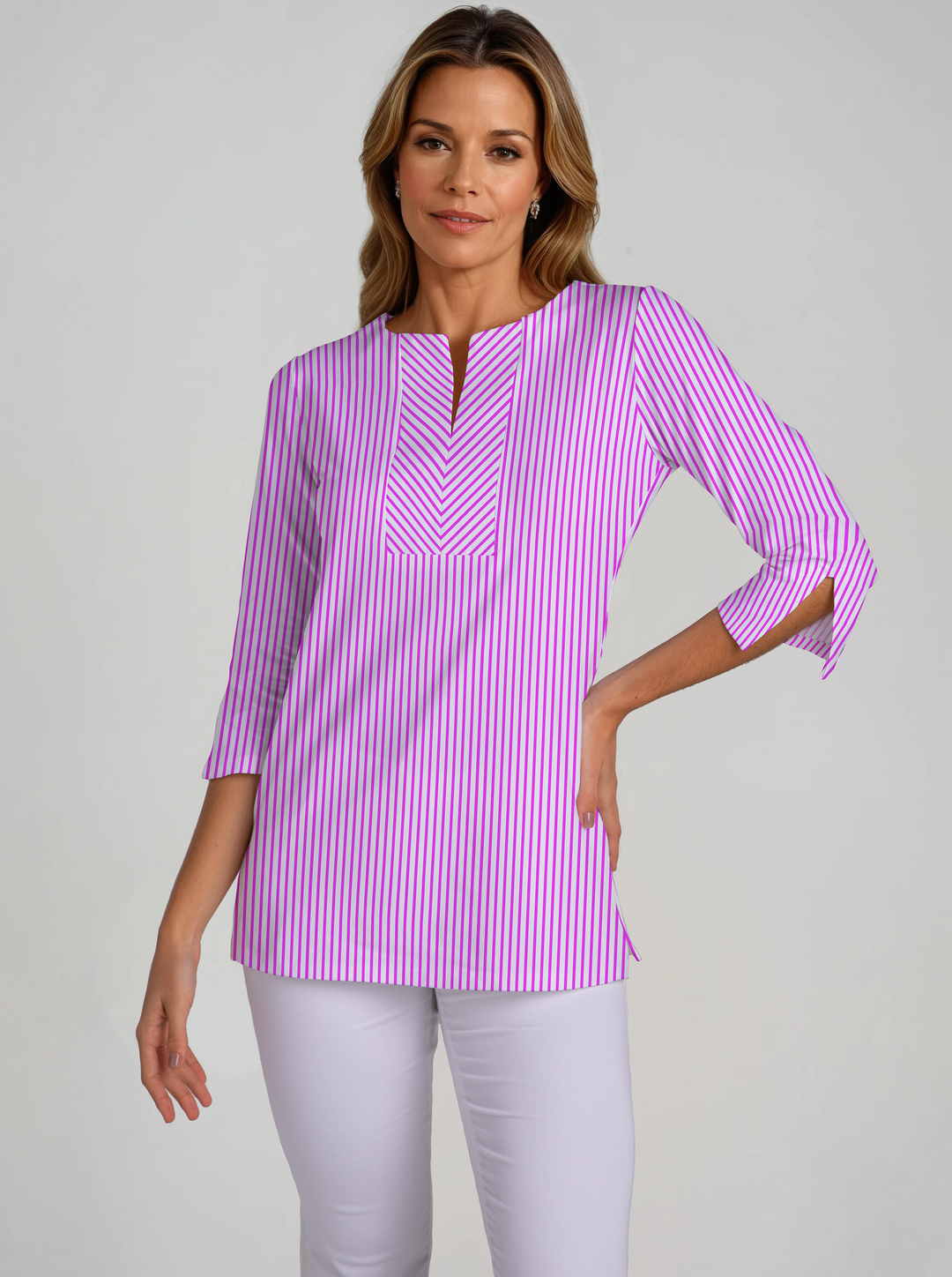 Vertical Stripe Print Cotton Knit 3/4 Sleeve Slit Neck Tunic