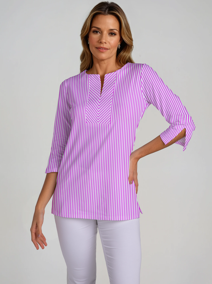 Vertical Stripe Print Cotton Knit 3/4 Sleeve Slit Neck Tunic
