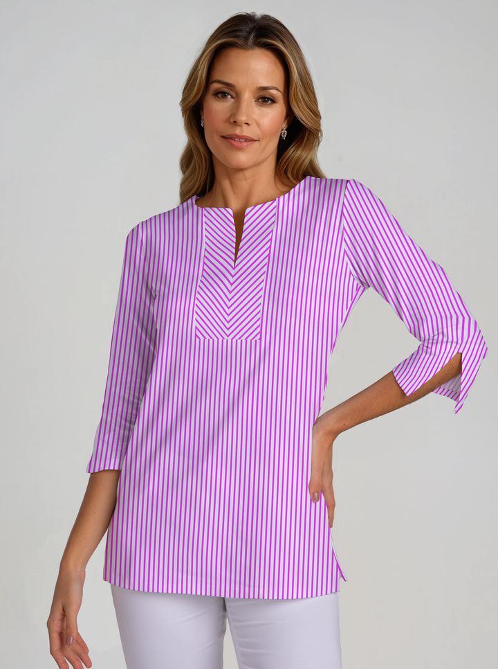Vertical Stripe Print Cotton Knit 3/4 Sleeve Slit Neck Tunic