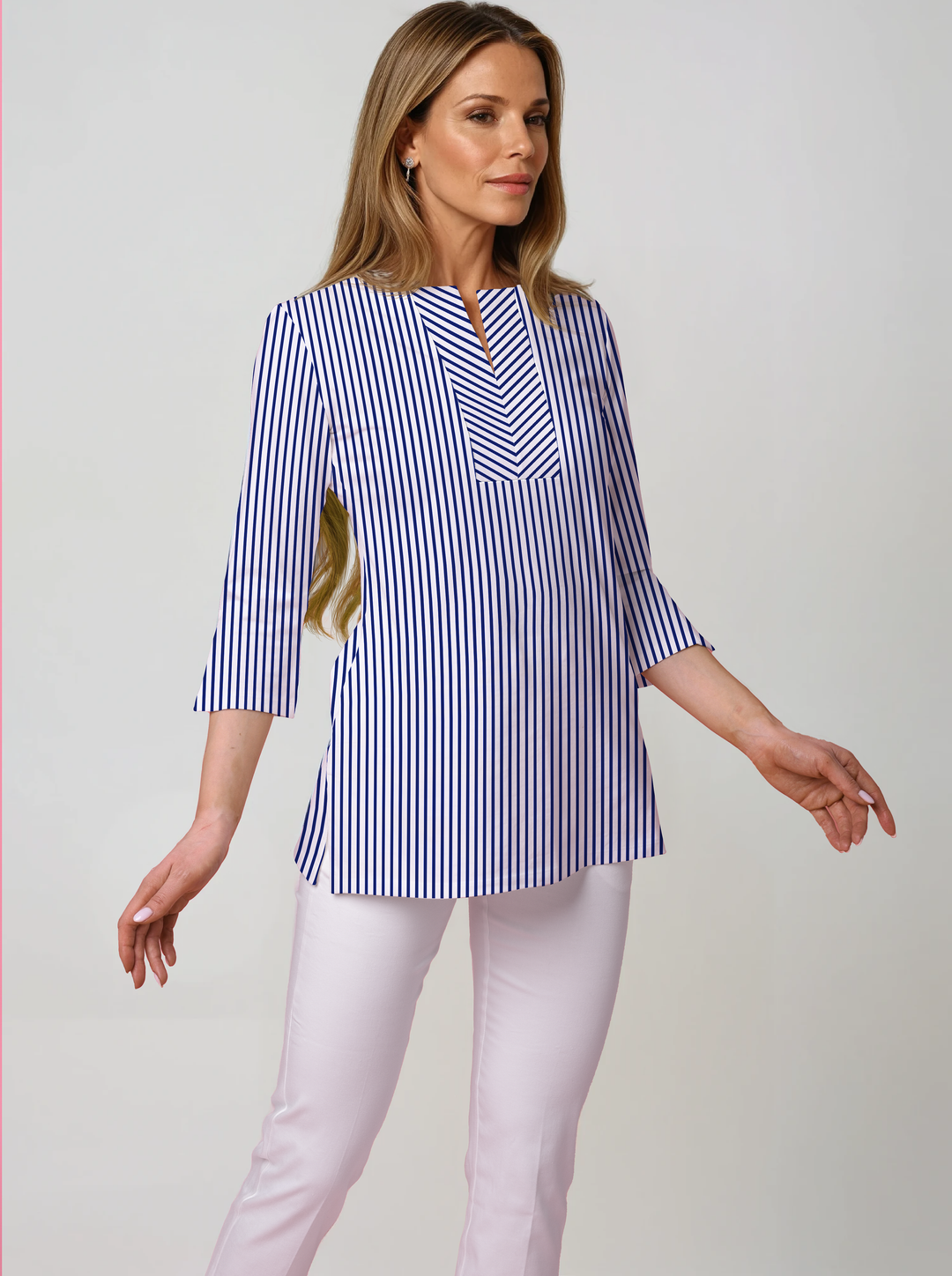 Vertical Stripe Print Cotton Knit 3/4 Sleeve Slit Neck Tunic