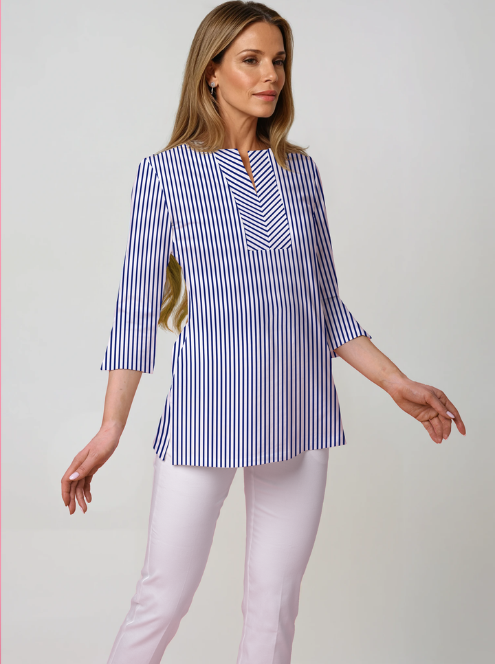 Vertical Stripe Print Cotton Knit 3/4 Sleeve Slit Neck Tunic