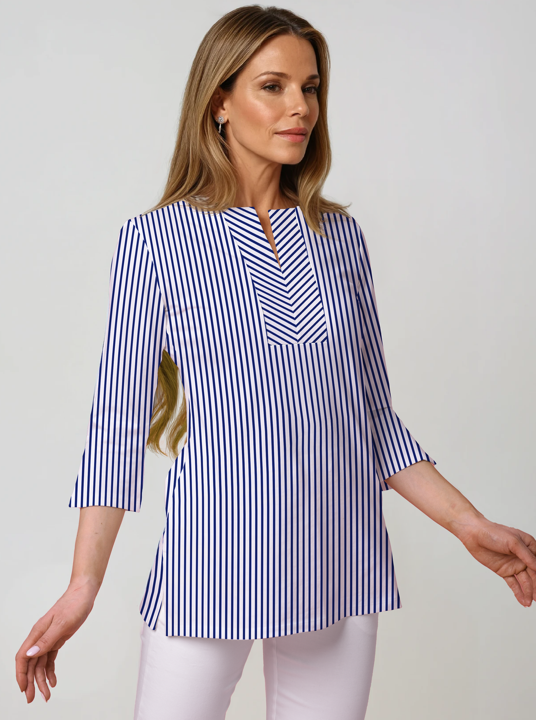 Vertical Stripe Print Cotton Knit 3/4 Sleeve Slit Neck Tunic