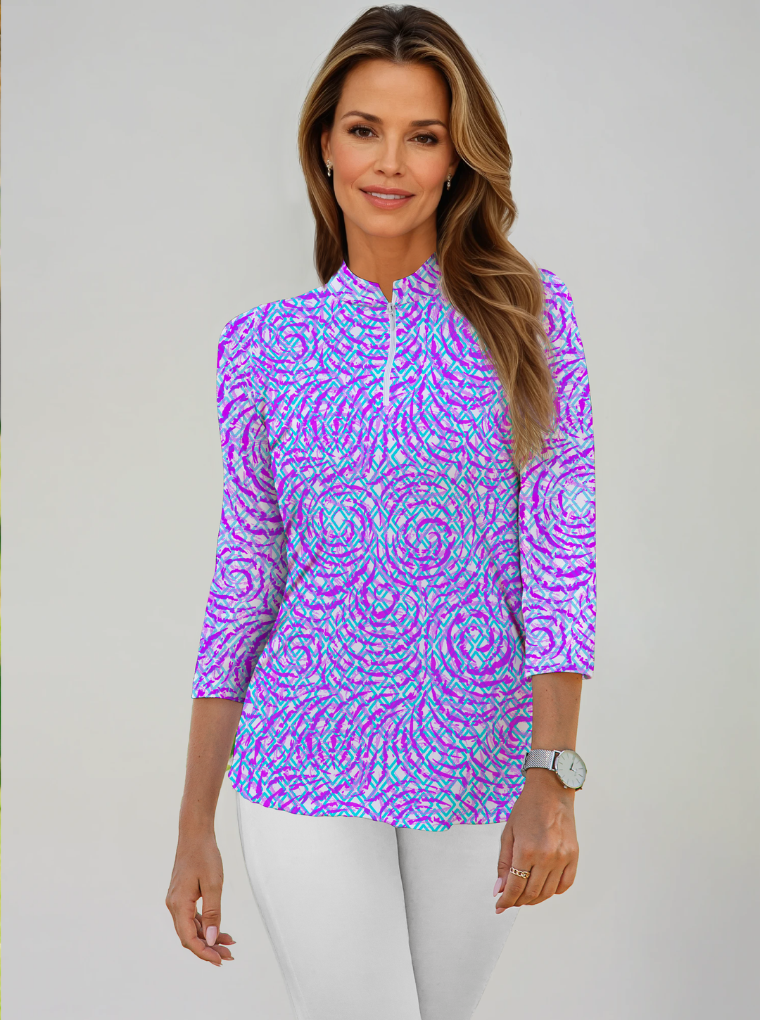 Whirlwind Print Cotton Knit Zip Mock Neck Top
