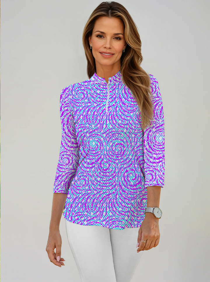Whirlwind Print Cotton Knit Zip Mock Neck Top