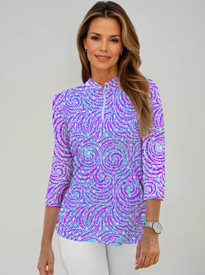 Whirlwind Print Cotton Knit Zip Mock Neck Top