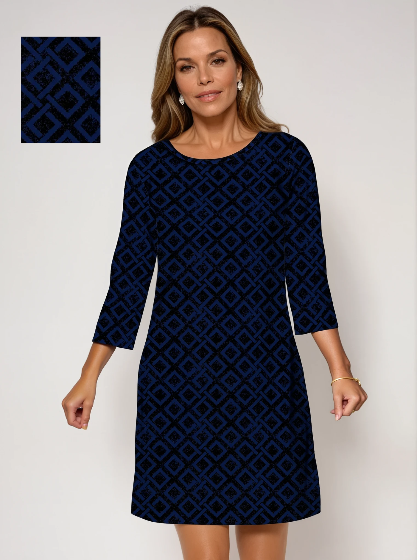3/4 Sleeve Crew Neck Poly Monochrome Dress (Regular Fit)