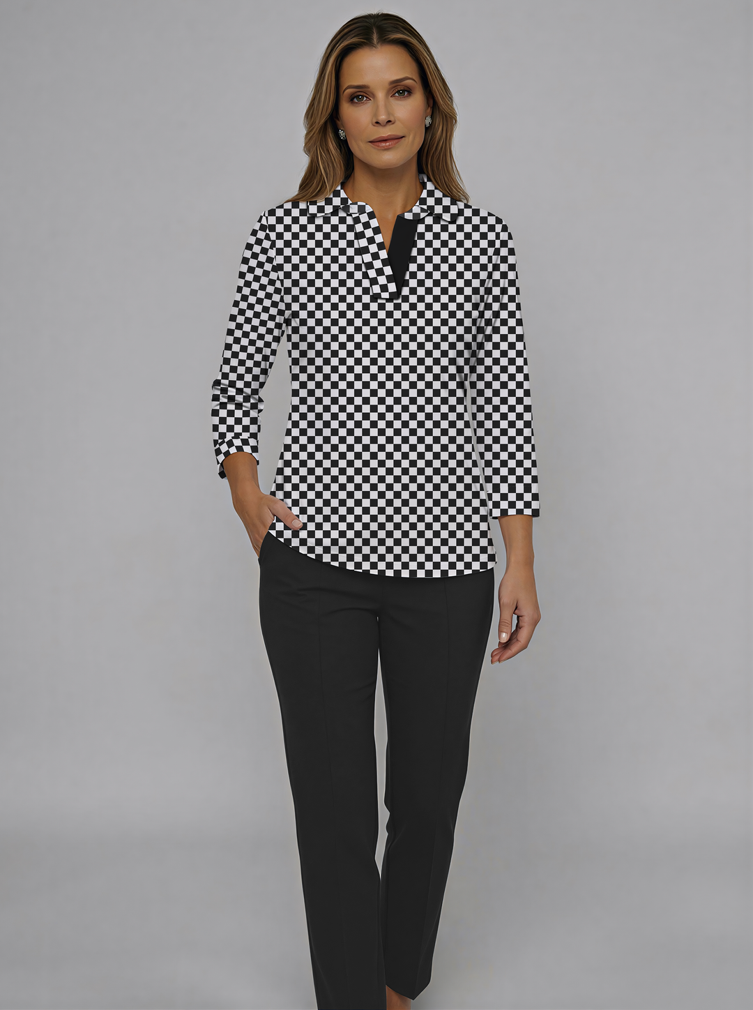 Checkered Print Cotton Knit 3/4 Cuff Sleeve Rounded Collar Top