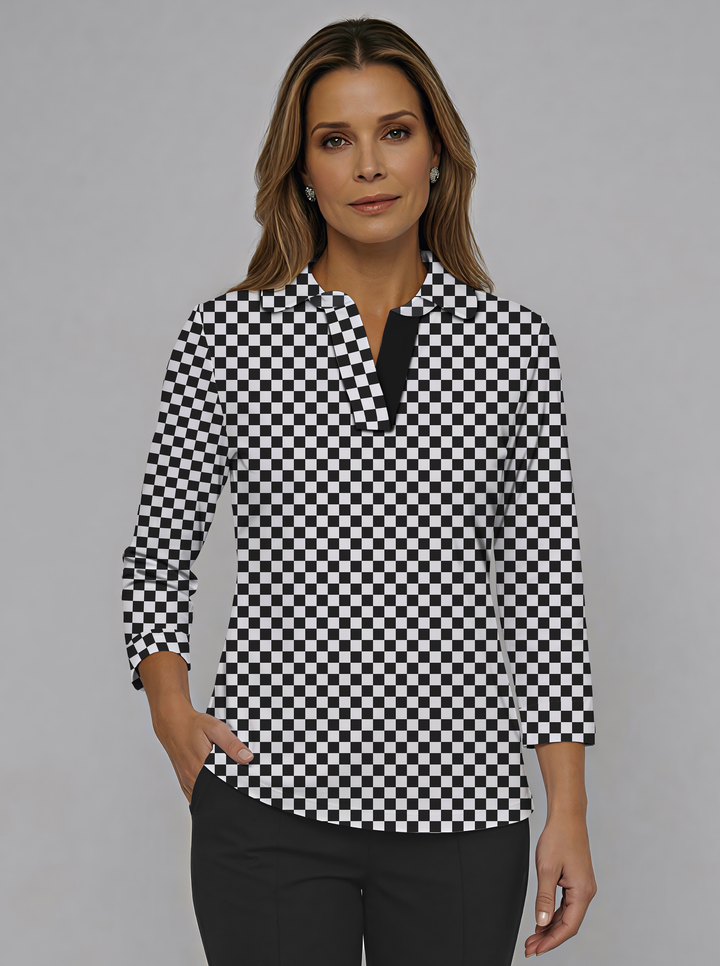 Checkered Print Cotton Knit 3/4 Cuff Sleeve Rounded Collar Top