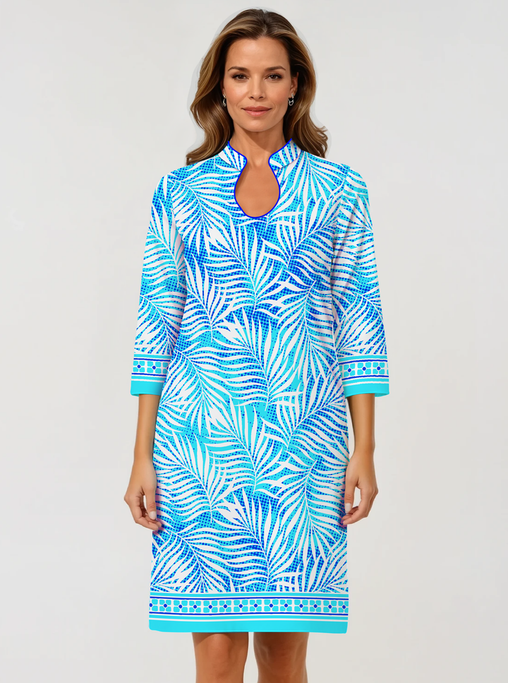 Kara Print Cotton Knit 3/4 Slit Sleeve Horseshoe Neck Dress (Slim Fit)
