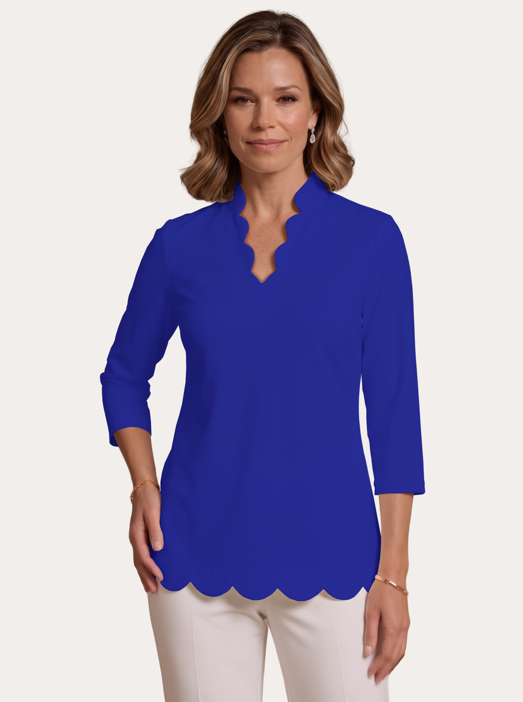 3/4 Sleeve Scalloped V-Neck Poly Top