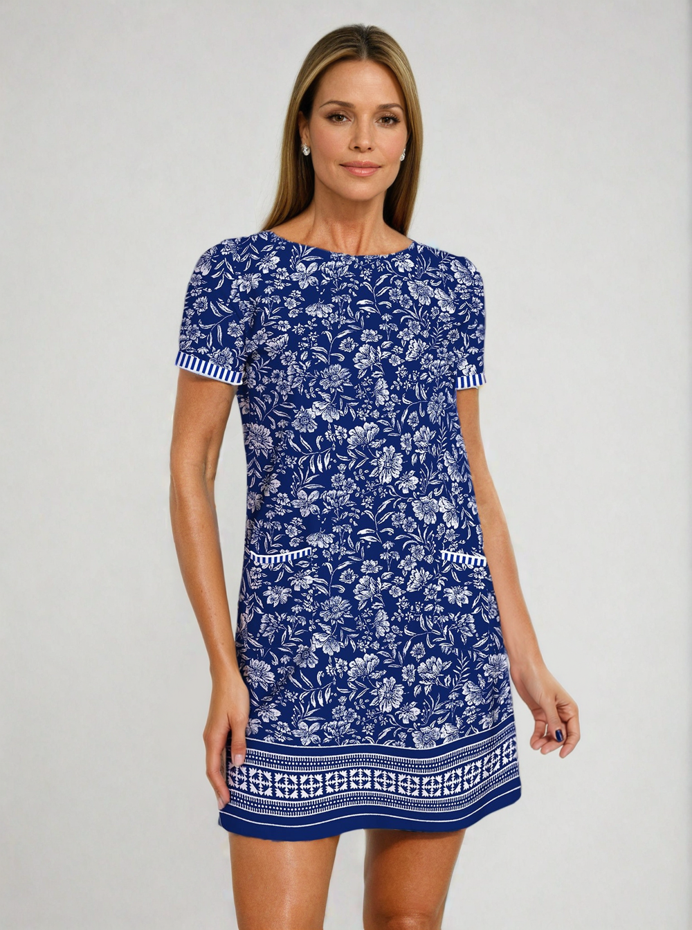 Natalia Print Cotton Knit Short Sleeve Front Piping Pocket Dress