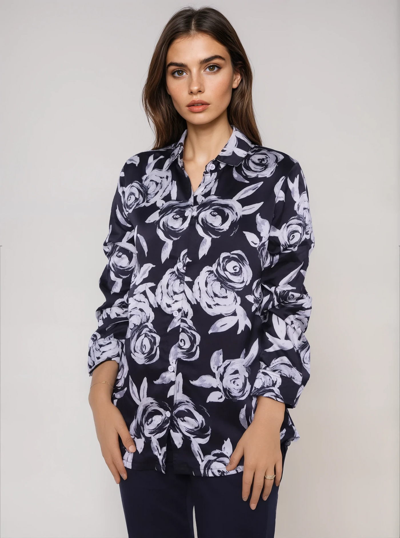 White Rose Print Silk Shirt