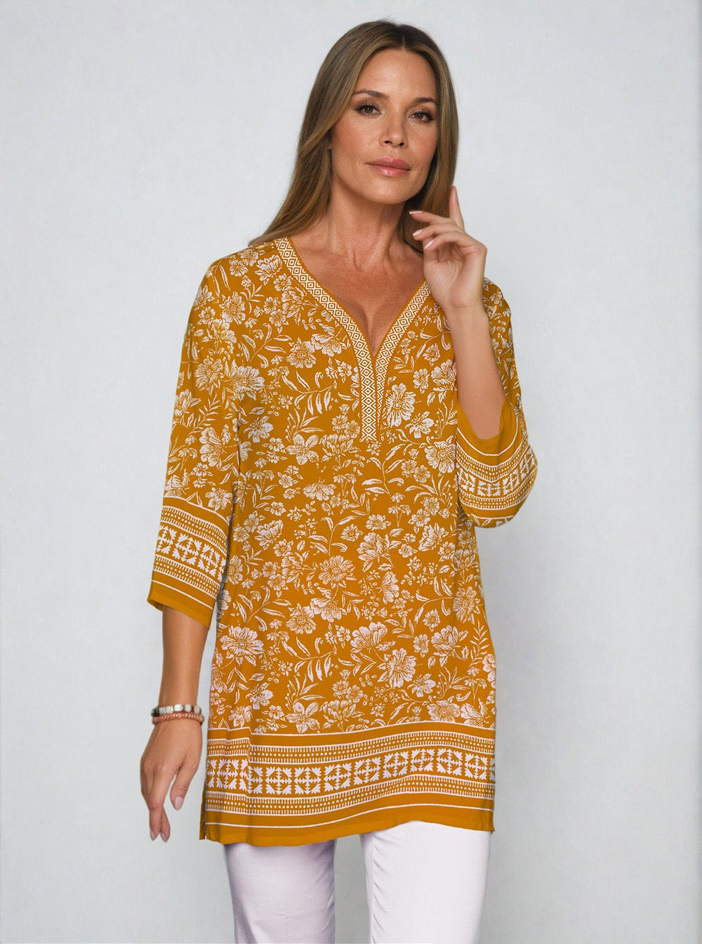 Natalia Print 3/4 Sleeve V-Neck Placket Tunic