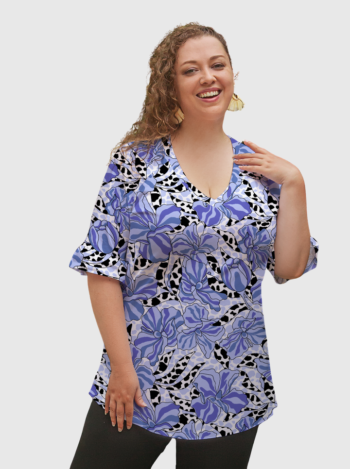 Ruby Print Cotton Knit V-Neck Raglan Ruffle Sleeve Tunic