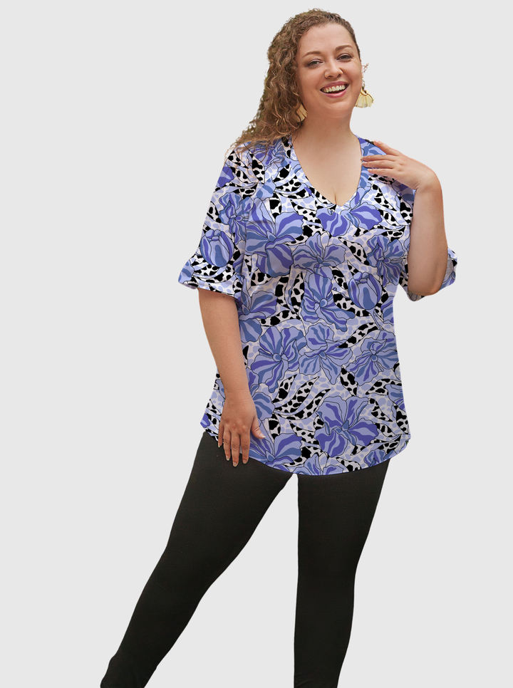 Ruby Print Cotton Knit V-Neck Raglan Ruffle Sleeve Tunic