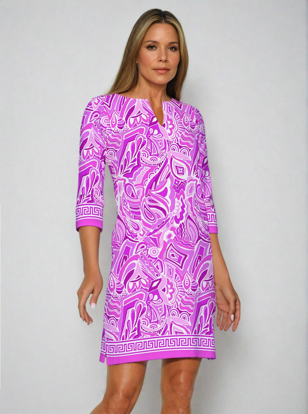 Historia Print Cotton Knit 3/4 Sleeve Palm Beach Shift Dress