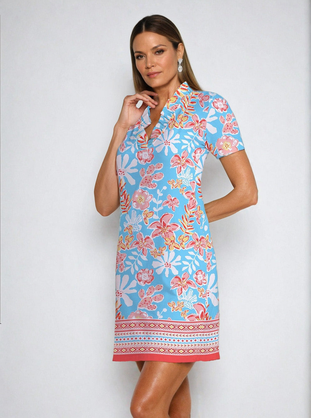 Paradise Island Print Cotton Knit Half Sleeve Ruffle Portrait Neck Dress