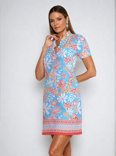 Paradise Island Print Cotton Knit Half Sleeve Ruffle Portrait Neck Dress