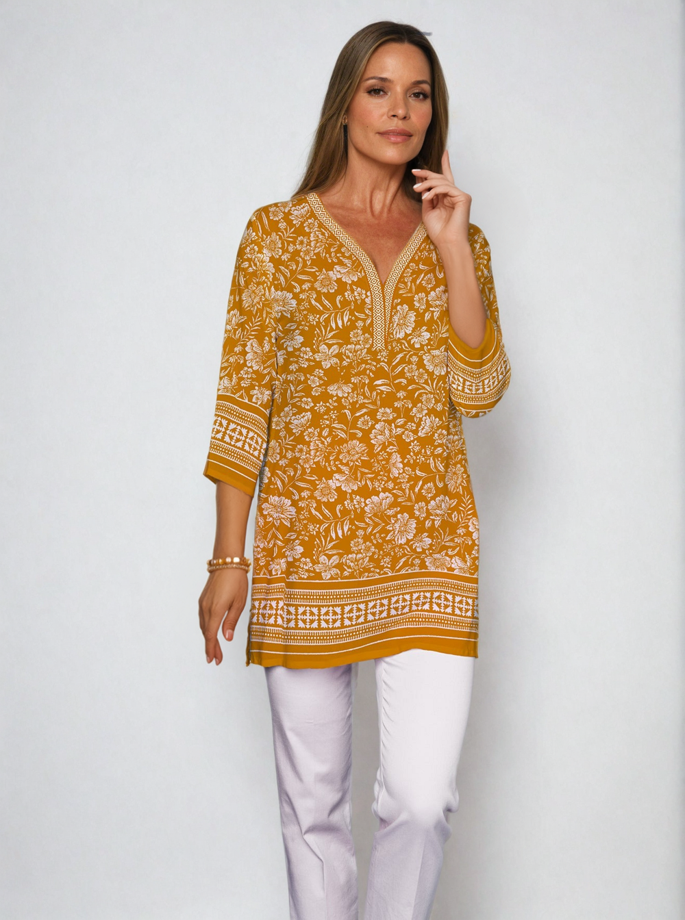 Natalia Print 3/4 Sleeve V-Neck Placket Tunic