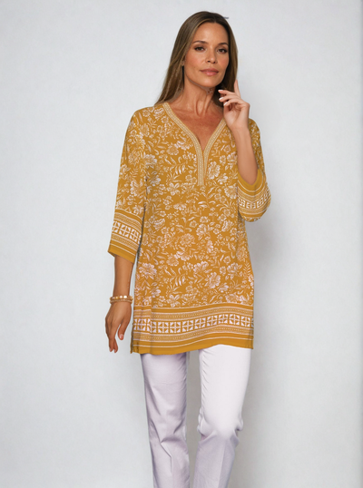 Natalia Print 3/4 Sleeve V-Neck Placket Tunic