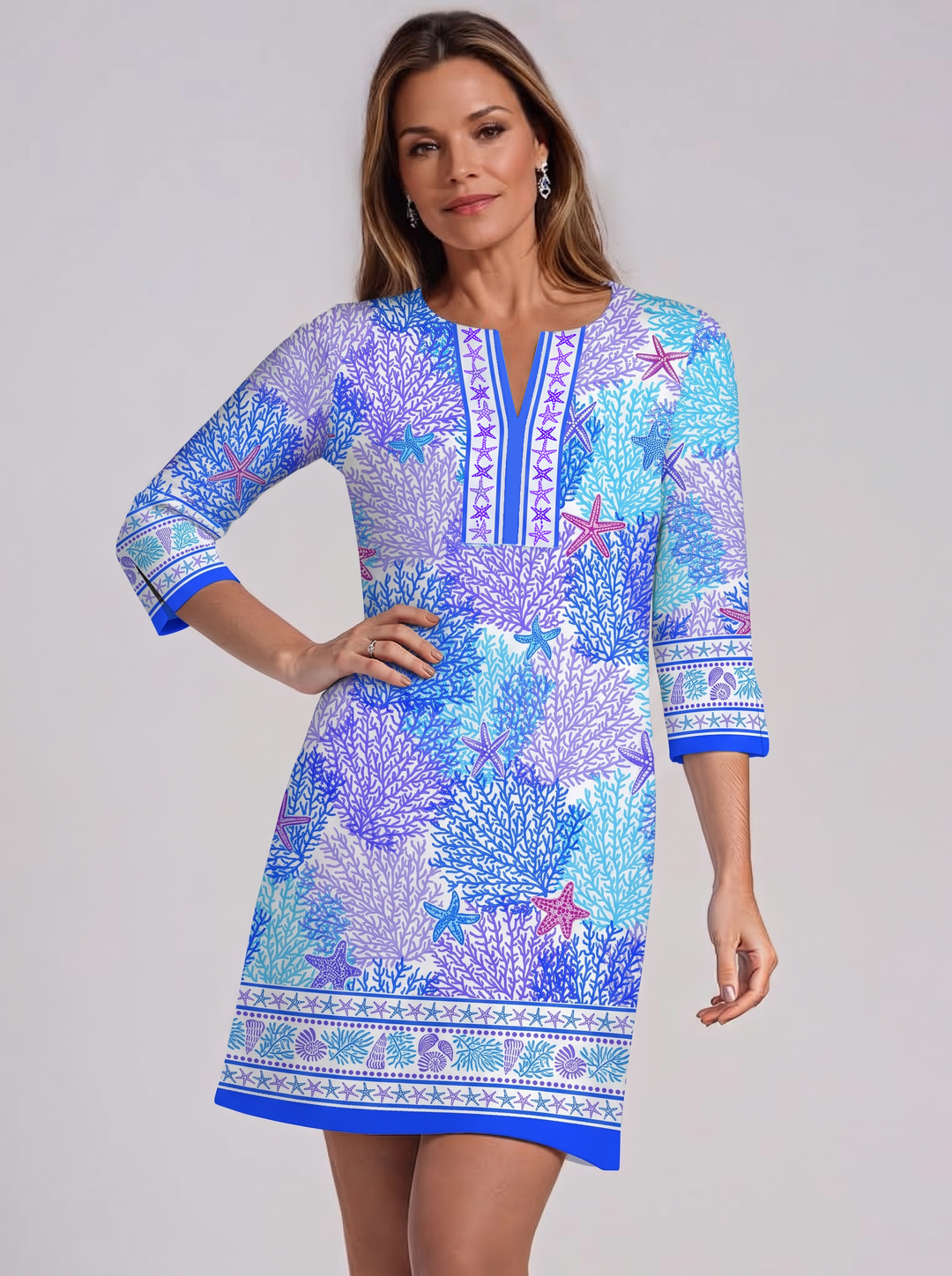 Bimini Dive Print Cotton Knit 3/4 Sleeve Slit Neck Dress (Regular Fit)