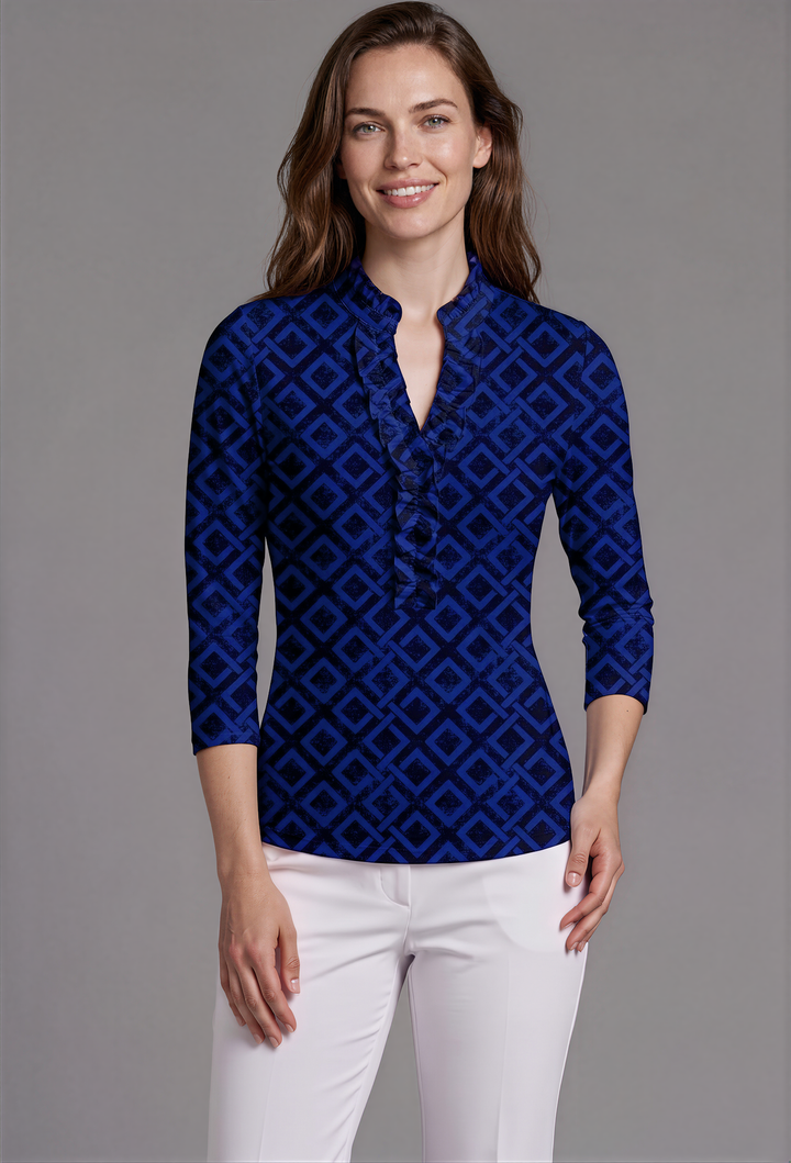 Celtic Pride Printed 3/4 Sleeve Ruffle Neck Poly Top