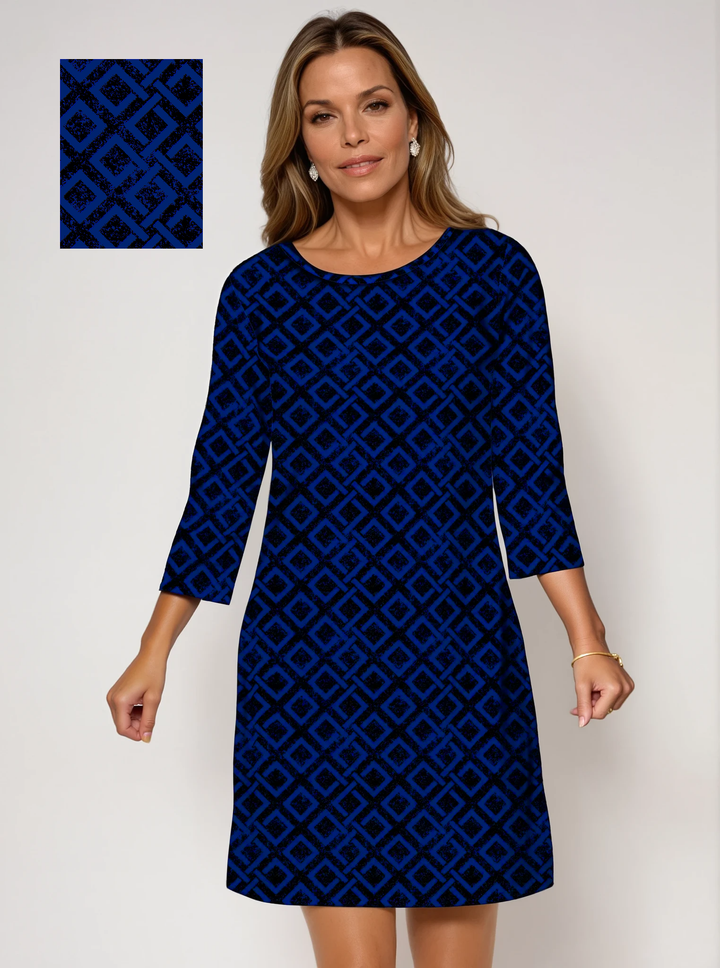 3/4 Sleeve Crew Neck Poly Monochrome Dress (Regular Fit)