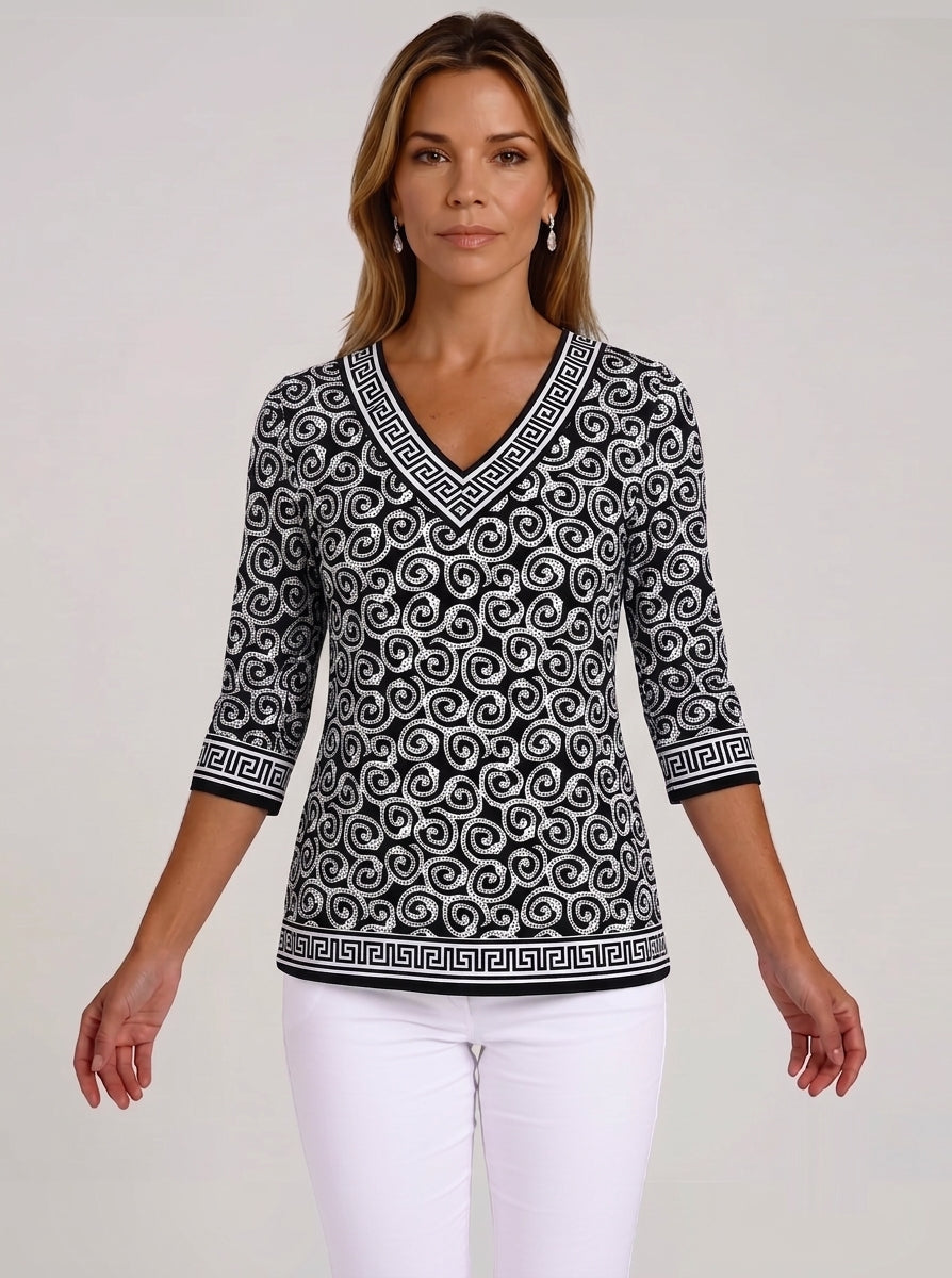 Dotted Swirl Print Cotton Knit 3/4 Sleeve V-Neck Top
