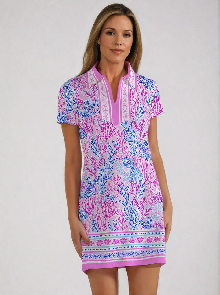 Deep Sea Print Cotton Knit Short Sleeve Polo Dress