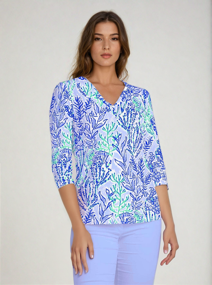 Deep Sea Print Cotton 3/4 Sleeve V-Neck Top