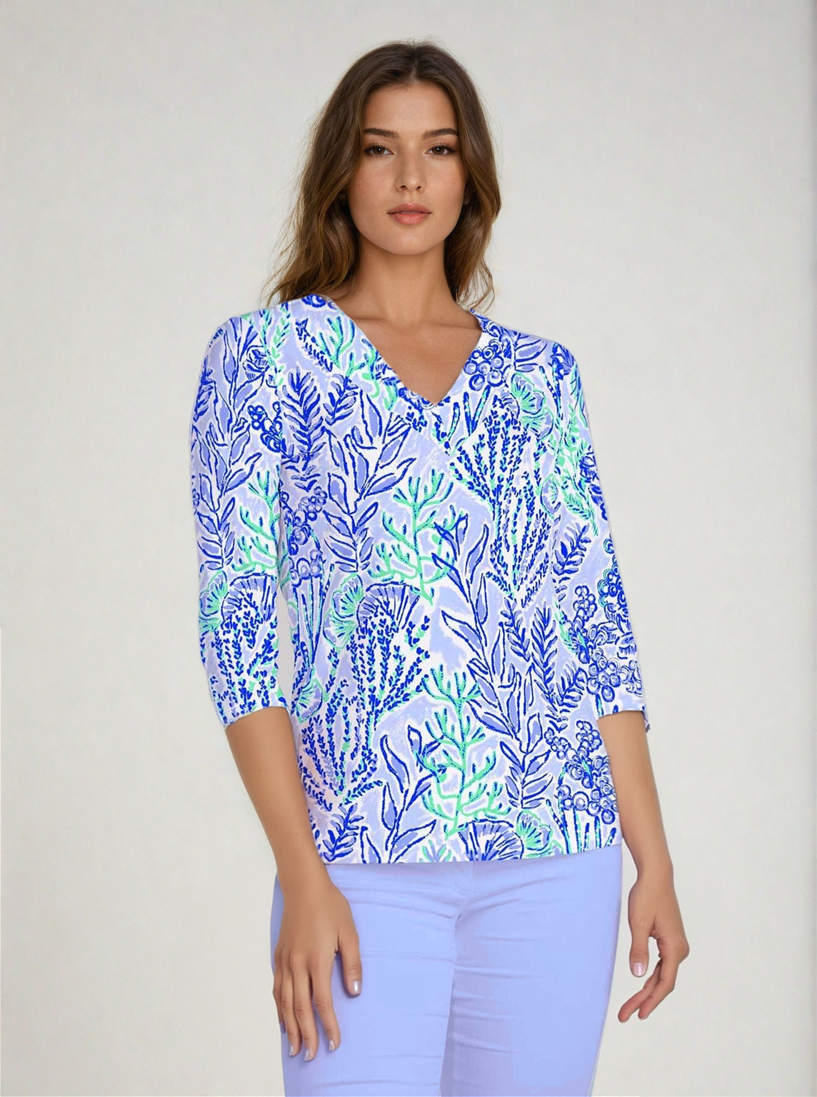 Deep Sea Print Cotton Sleeve V-Neck Top