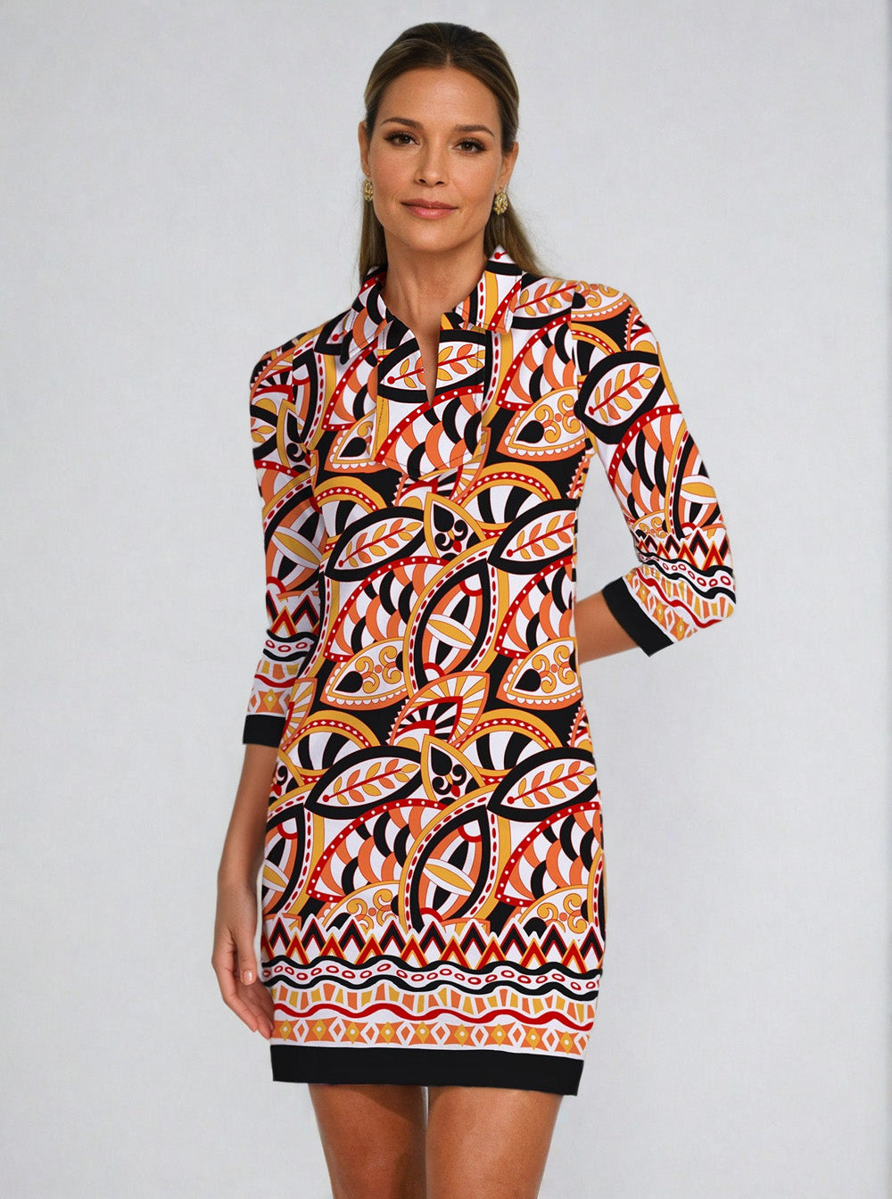 Valencia Print Cotton Knit 3/4 Sleeve Polo Neck Dress