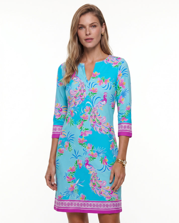 Preciosa Print Cotton Knit 3/4 Sleeve Palm Beach Shift Dress (Slim Fit)