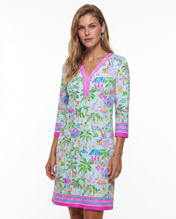Lifestyle Print Cotton Knit 3/4 Sleeve V-Neck Placket Dress (Regular Fit)