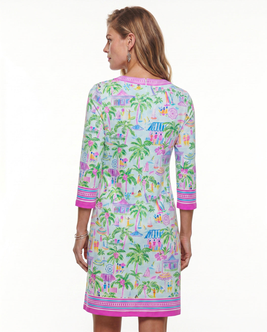 Lifestyle Print Cotton Knit 3/4 Sleeve V-Neck Placket Dress (Regular Fit)