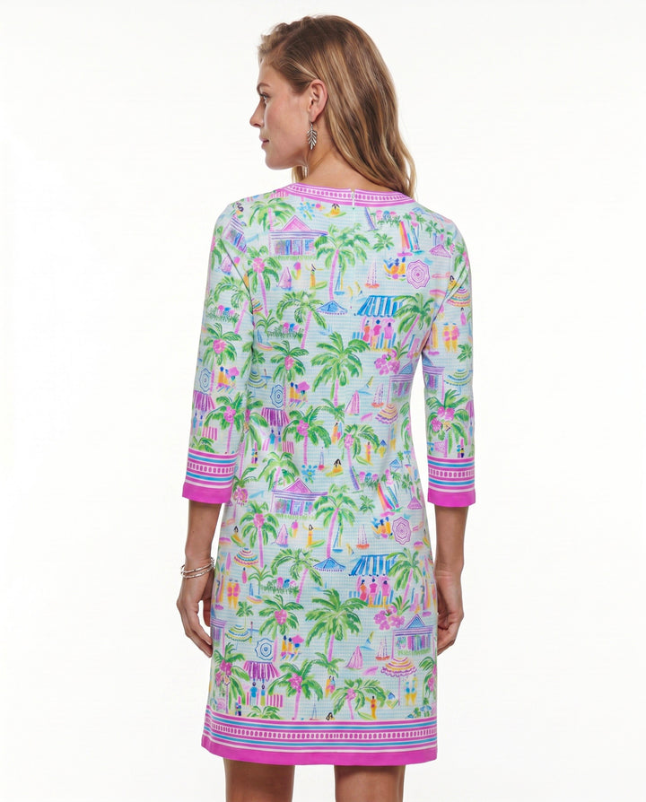 Lifestyle Print Cotton Knit 3/4 Sleeve V-Neck Placket Dress (Regular Fit)