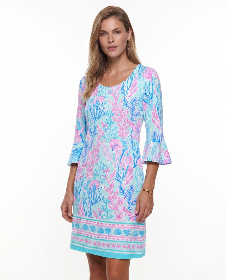 Deep Sea Print Cotton Knit 3/4 Ruffle Sleeve Scoop Neck Dress (Regular Fit)