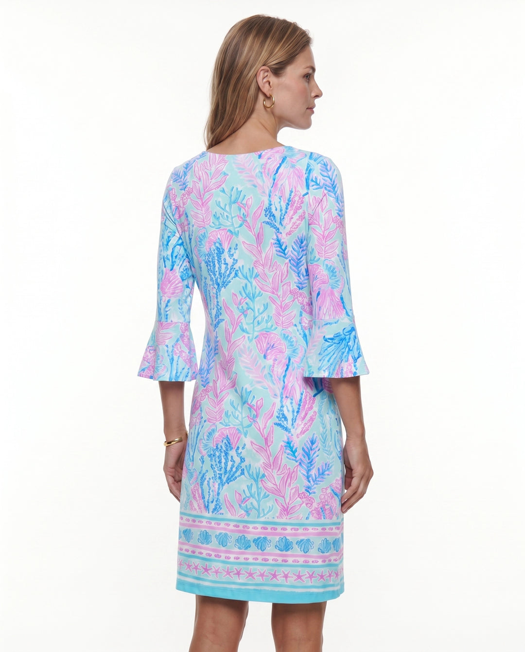 Deep Sea Print Cotton Knit 3/4 Ruffle Sleeve Scoop Neck Dress (Regular Fit)