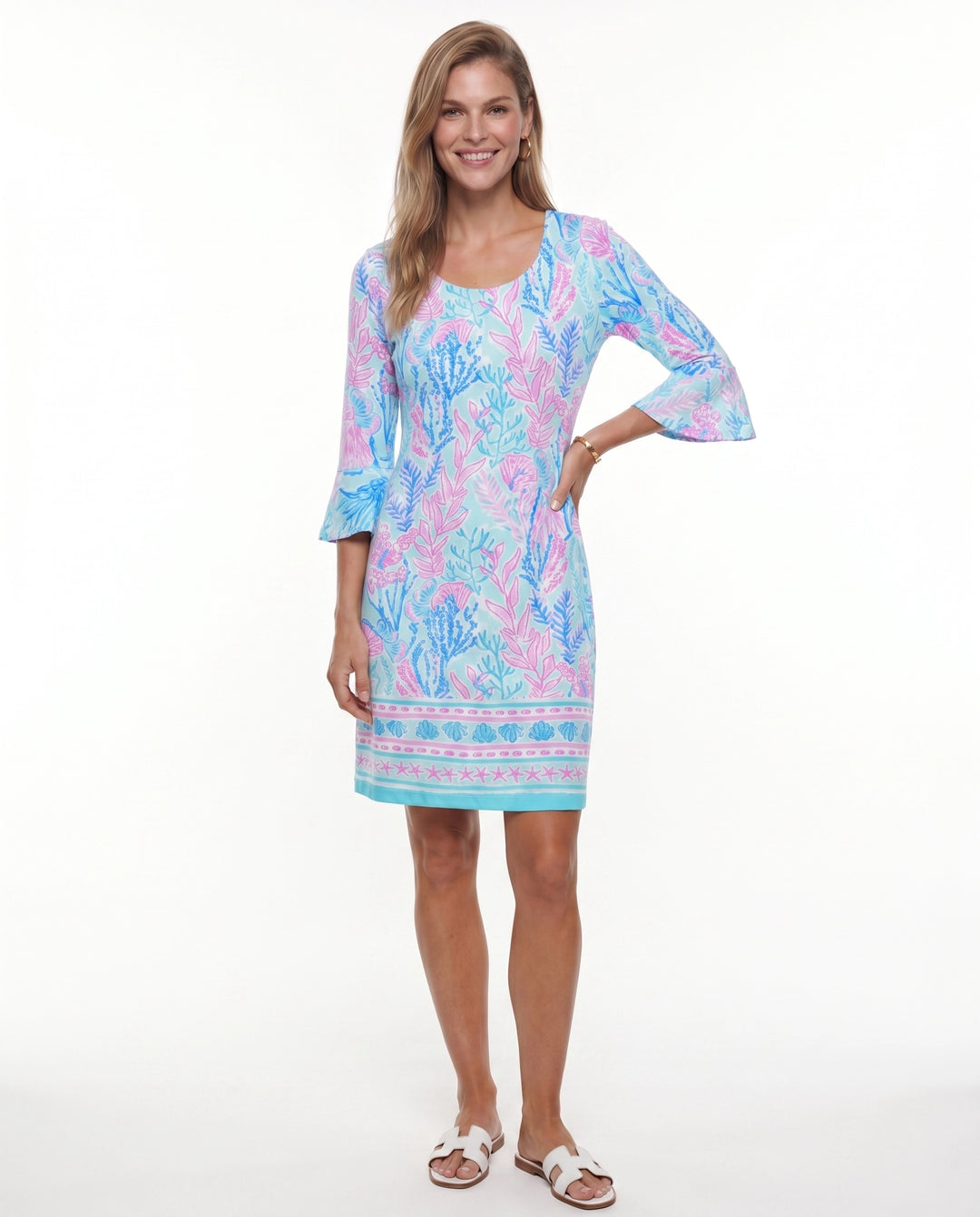 Deep Sea Print Cotton Knit 3/4 Ruffle Sleeve Scoop Neck Dress (Regular Fit)