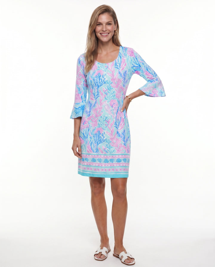 Deep Sea Print Cotton Knit 3/4 Ruffle Sleeve Scoop Neck Dress (Regular Fit)