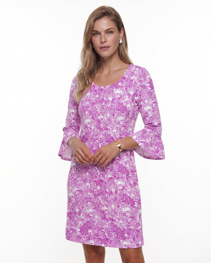 Wild Side Print Cotton Knit 3/4 Ruffle Sleeve Scoop Neck Dress (Regular Fit)